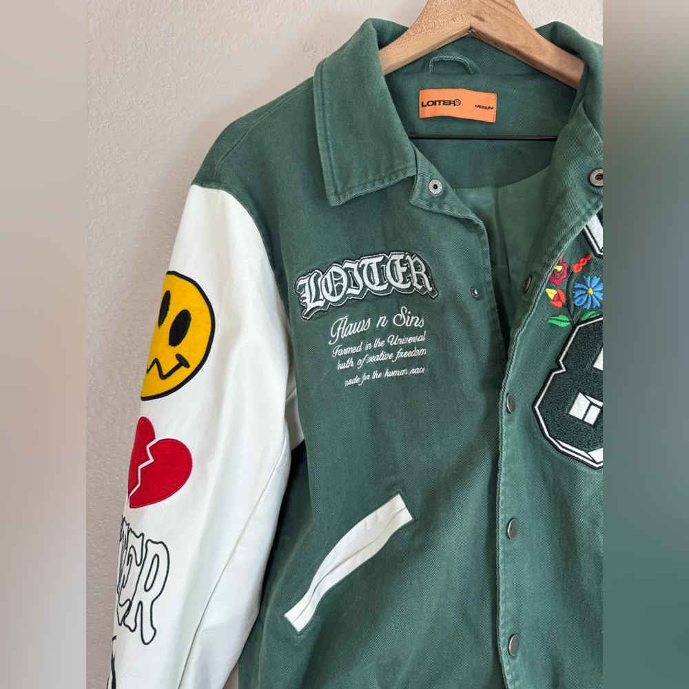 LOITER Flaws And Sins Varsity Logo Jacket size Medium Green Off White $229 - Picture 14 of 16